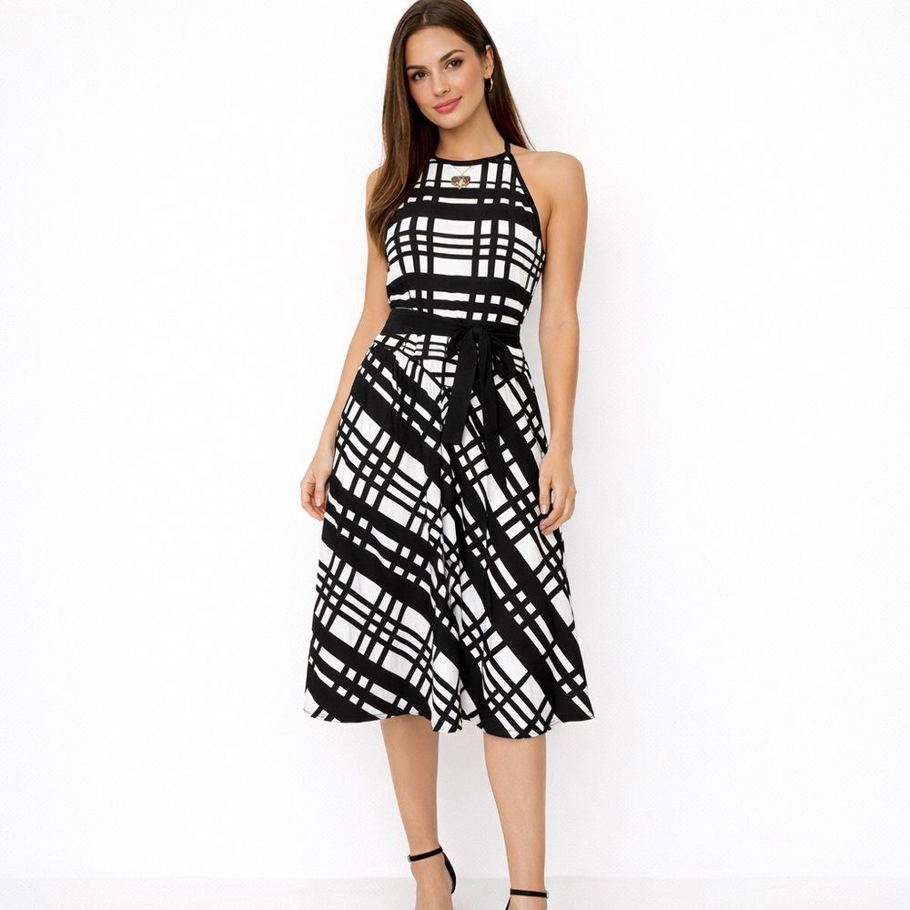 Ann Taylor Black White Plaid Midi Dress Sleeveless Old Money Minimalist Size 14